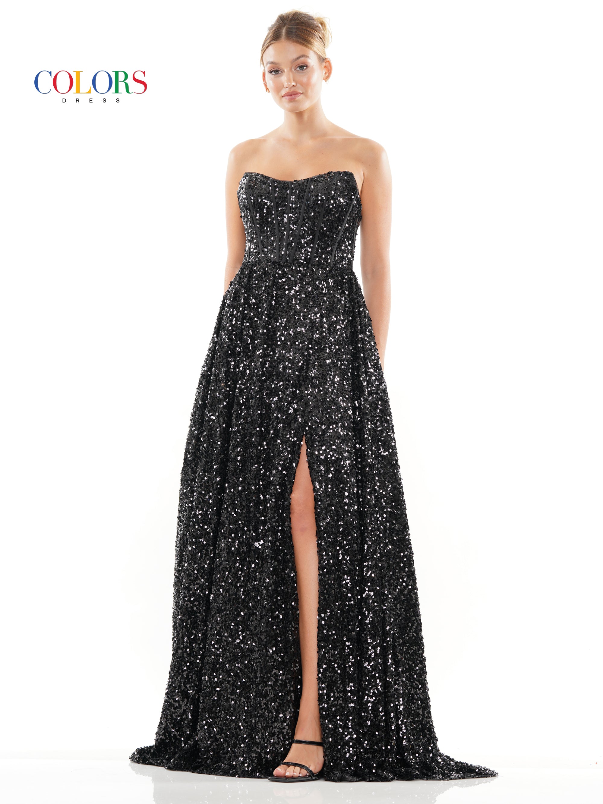 Colors 3229 Long Strapless Sequin A Line Prom Dress