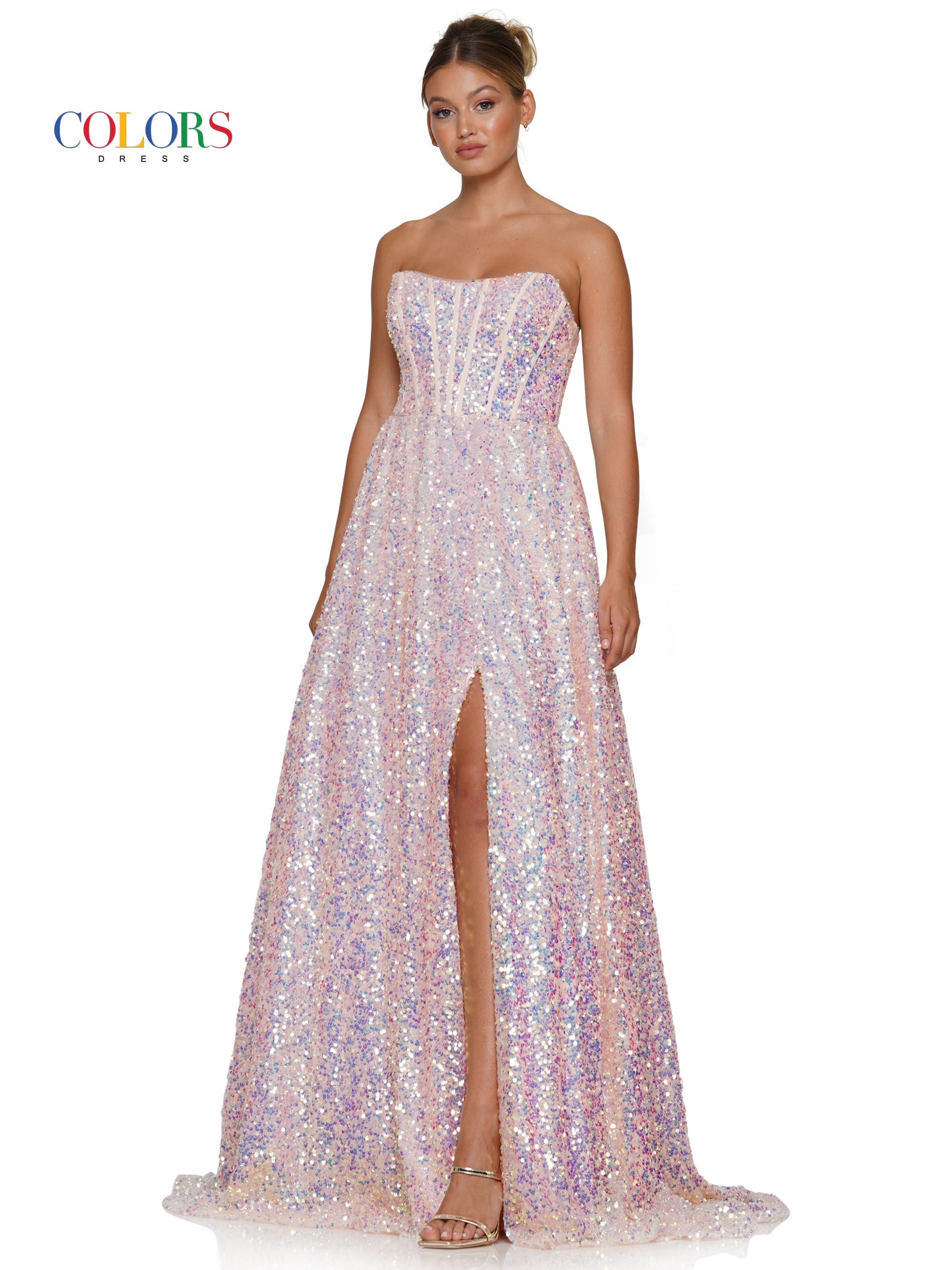 Colors 3229 Long Strapless Sequin A Line Prom Dress