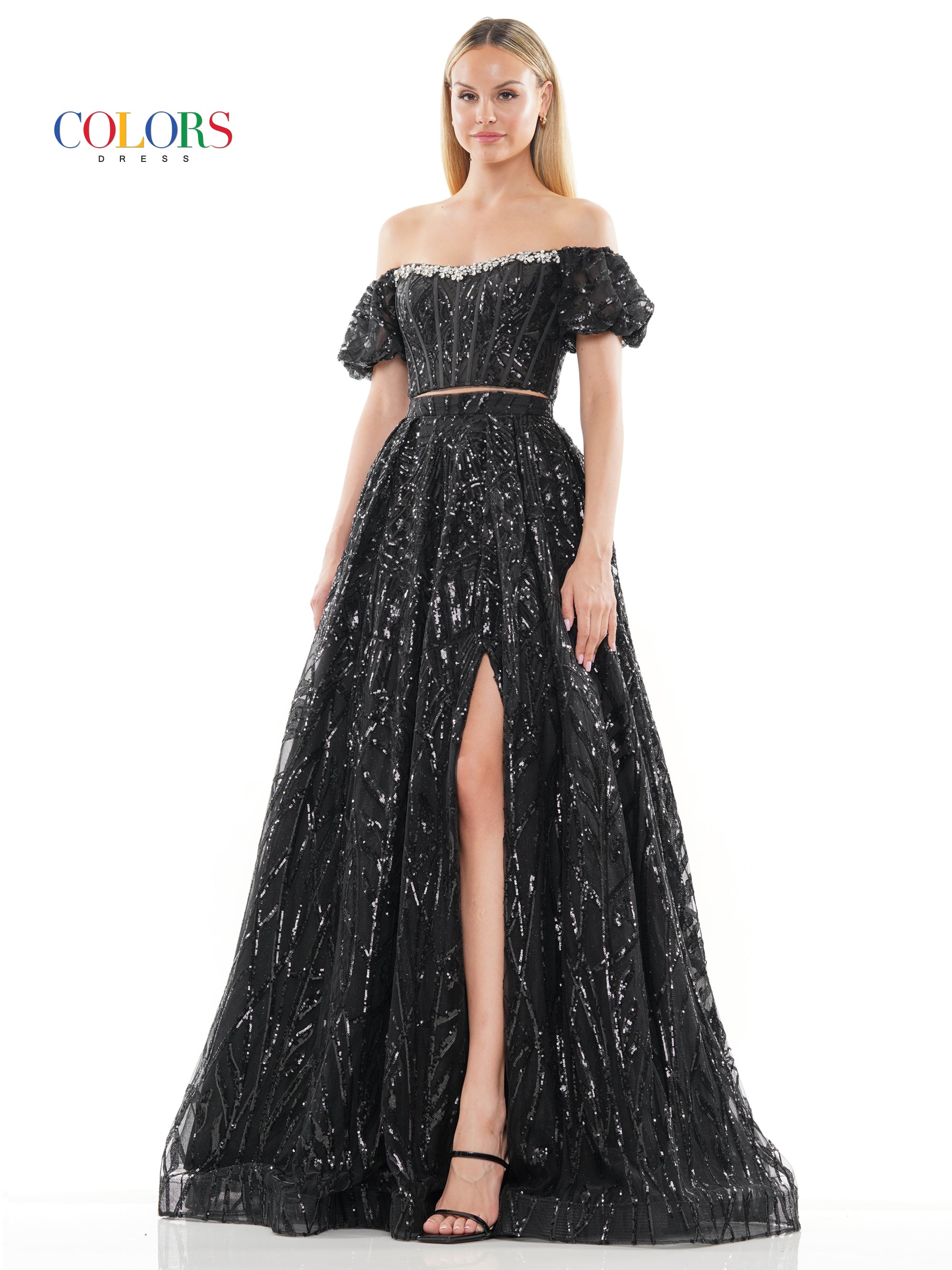 Colors 3232 Prom Long Off Shoulder Glitter Mesh Ball Gown