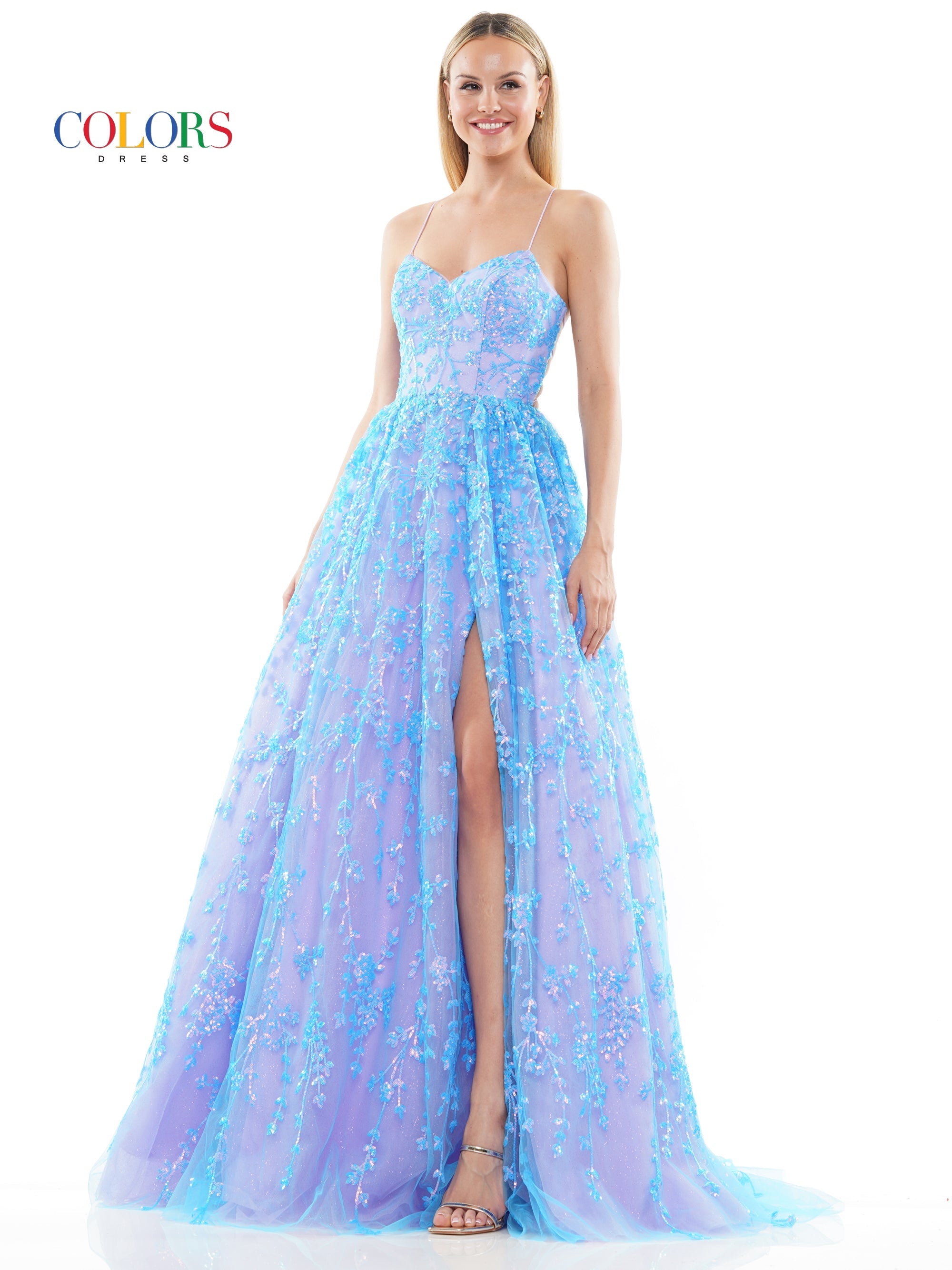 Colors 3247 Long Spaghetti Strap Sequin Prom Ball Gown