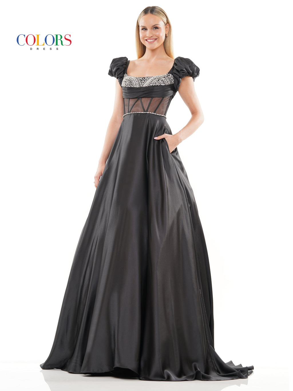 Colors 3249 Long Formal Satin Pocket Prom Ball Gown
