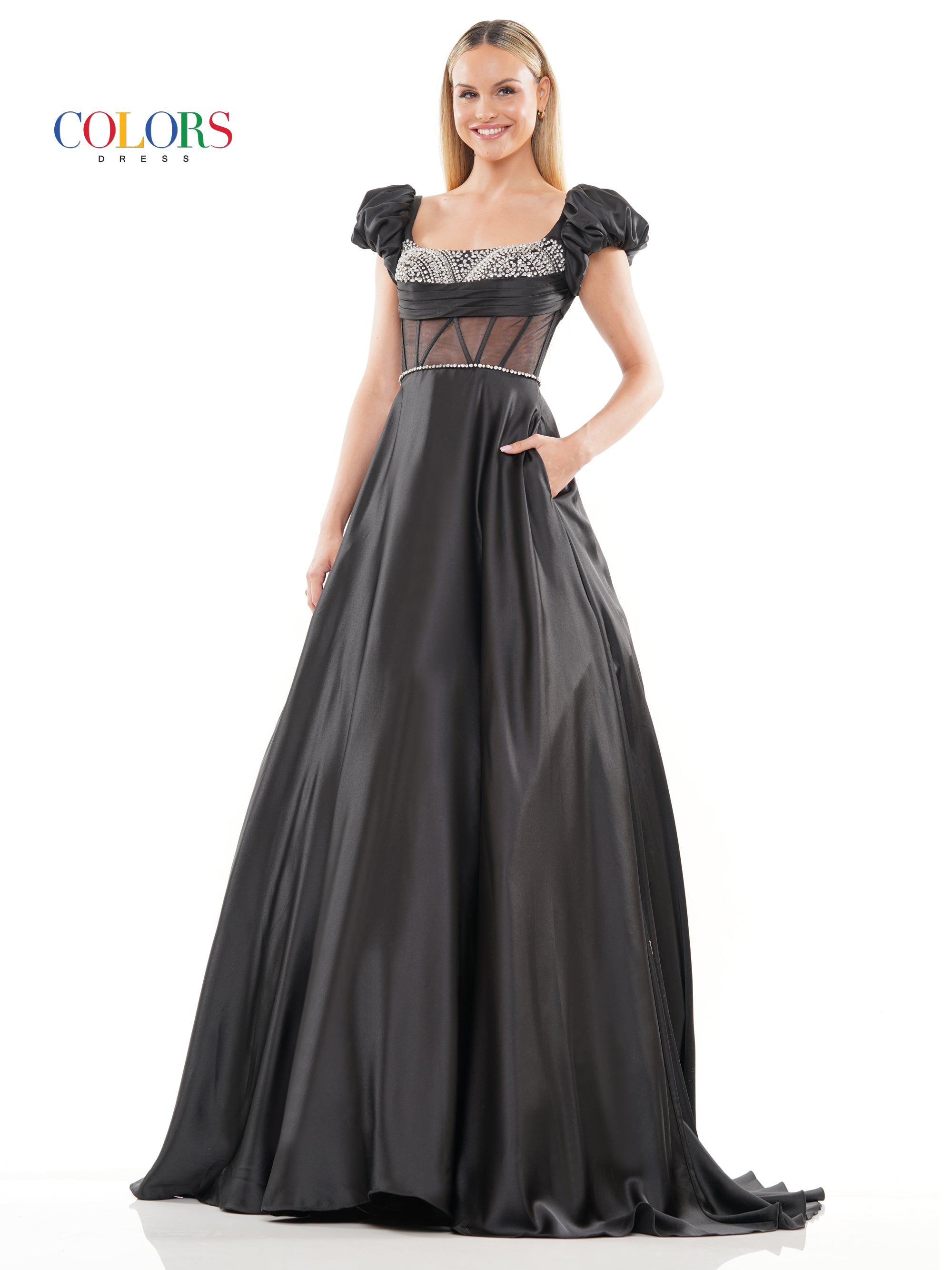 Colors 3249 Long Formal Satin Pocket Prom Ball Gown