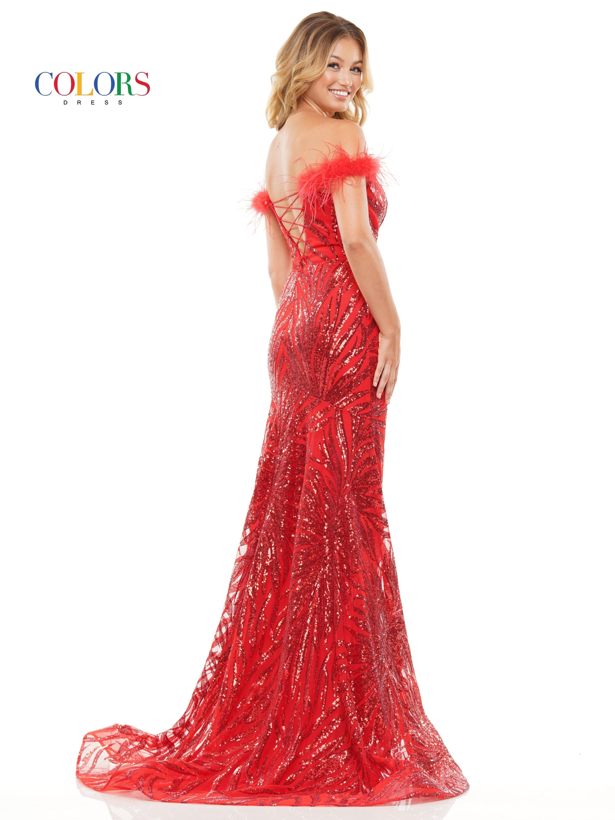 Colors 3260 Long Off Shoulder Formal Sequin Prom Dress
