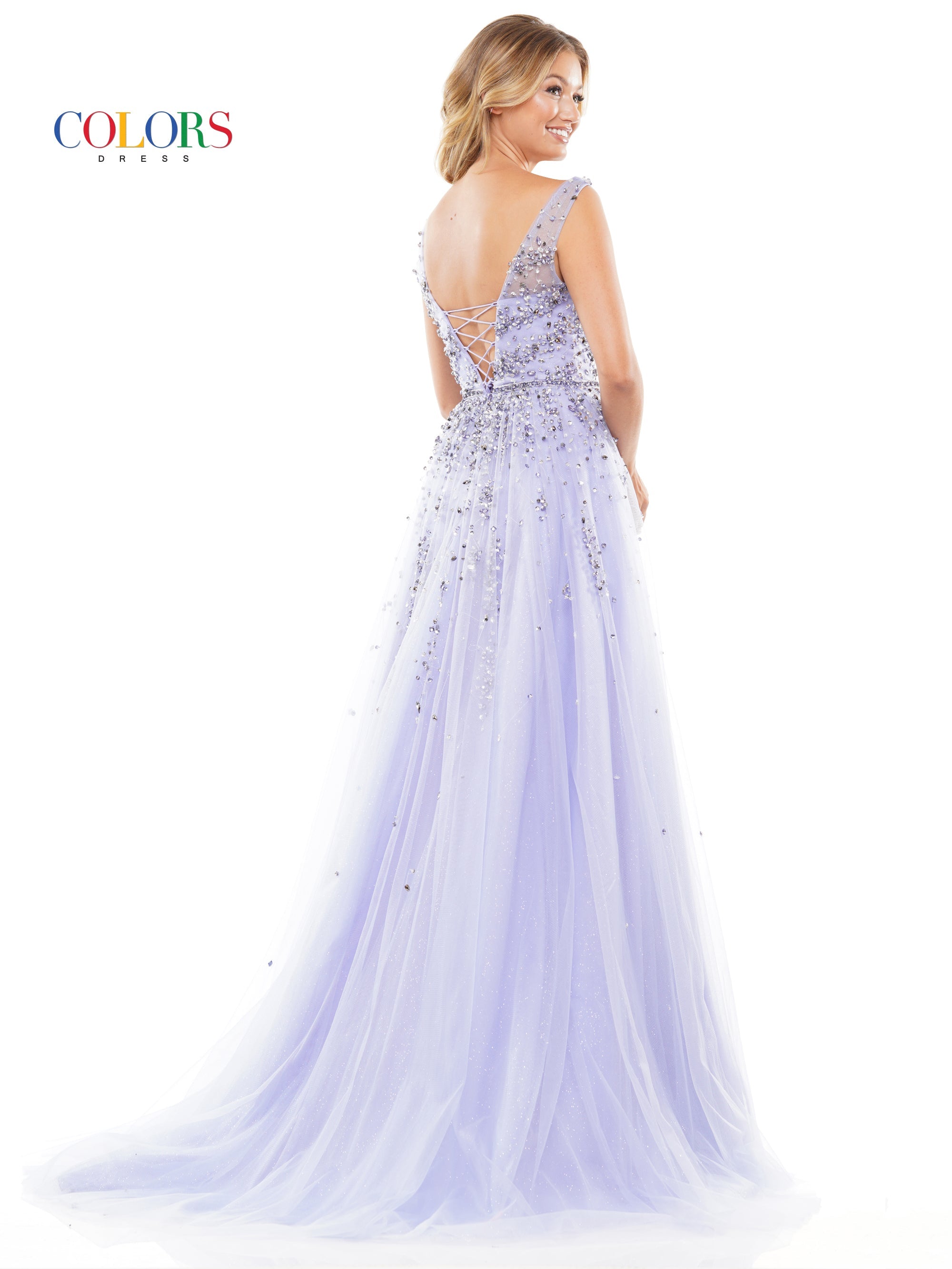 Colors 3270 Long Sleeveless Formal Beaded Mesh Prom Dress